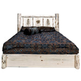 Montana Collection Platform Bed W/ Storage, California King W/ Laser Engraved Pine Design, Clear Lacquer Finish