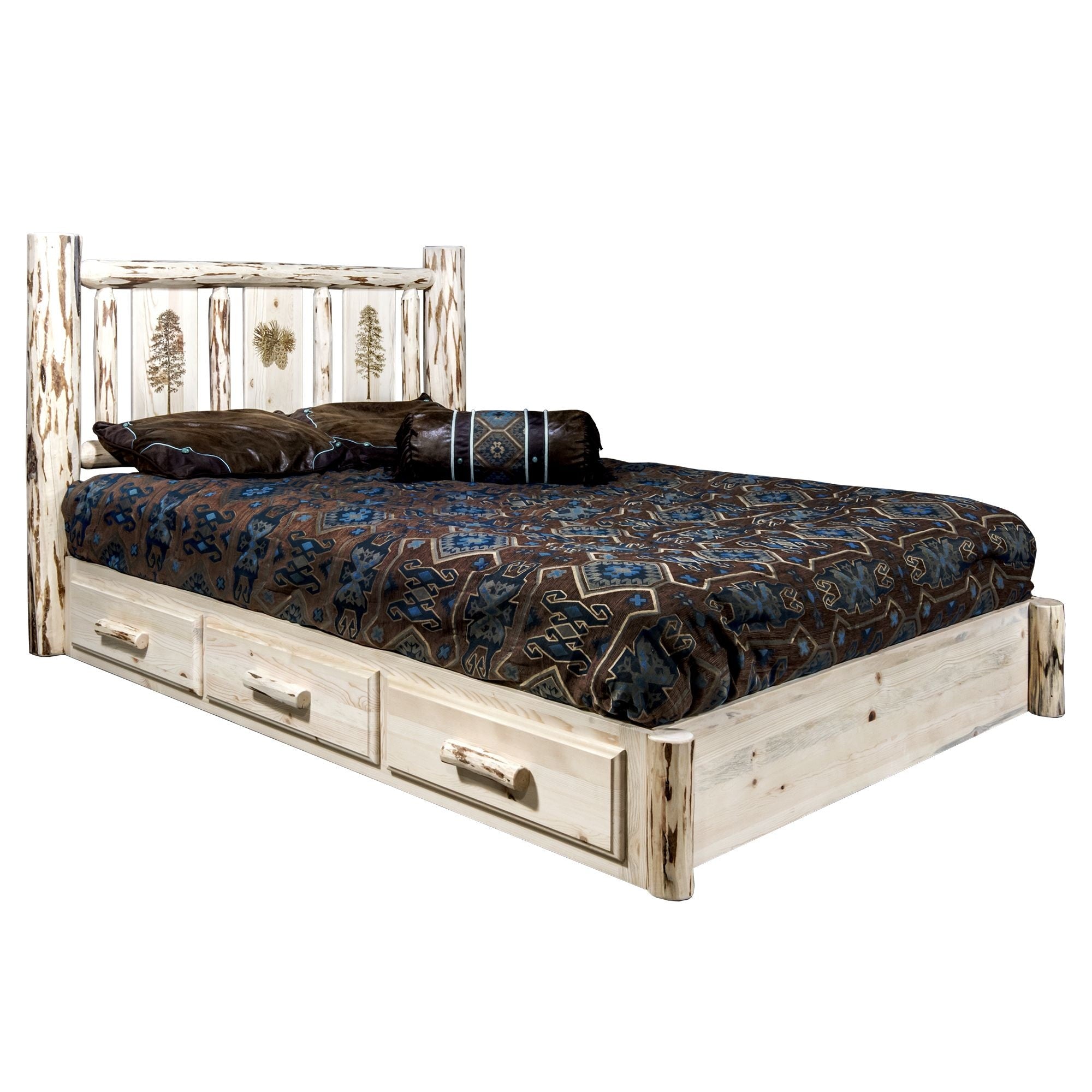 Montana Collection Platform Bed W/ Storage, Full W/ Laser Engraved Pine Design, Ready To Finish