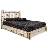 Montana Collection Platform Bed W/ Storage, Full W/ Laser Engraved Bronc Design, Clear Lacquer Finish