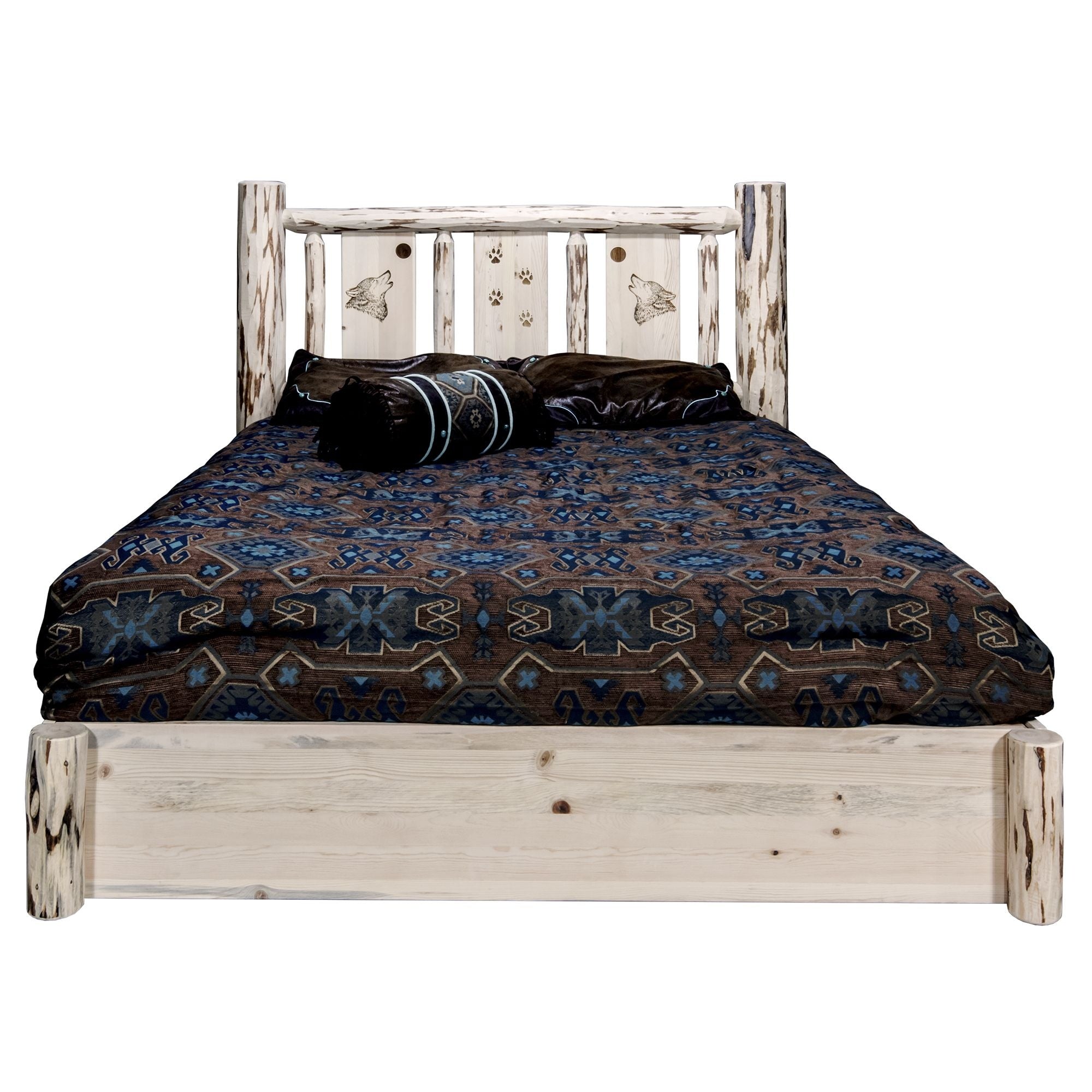 Montana Collection Platform Bed W/ Storage, Full W/ Laser Engraved Wolf Design, Clear Lacquer Finish