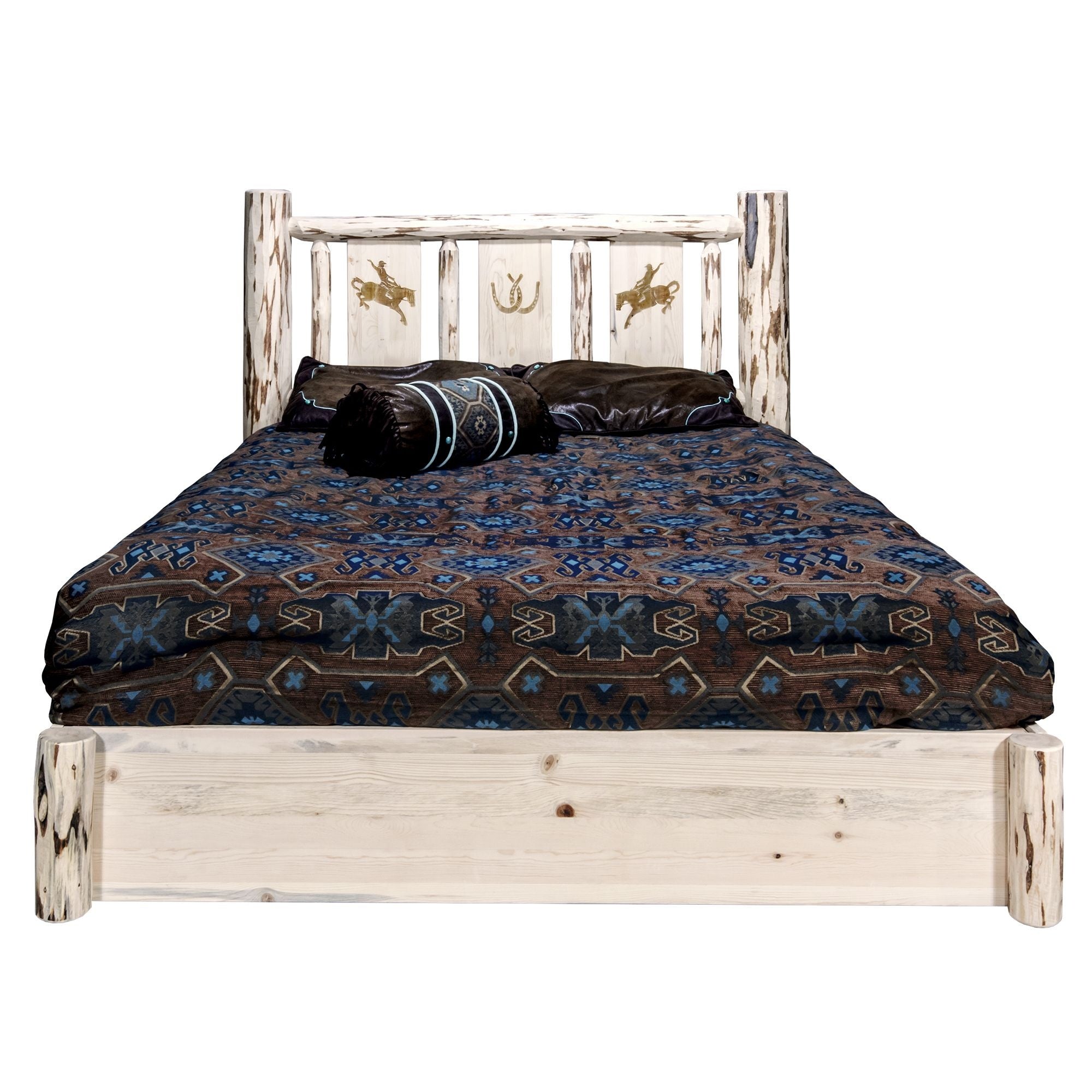 Montana Collection Platform Bed W/ Storage, King W/ Laser Engraved Bronc Design, Ready To Finish