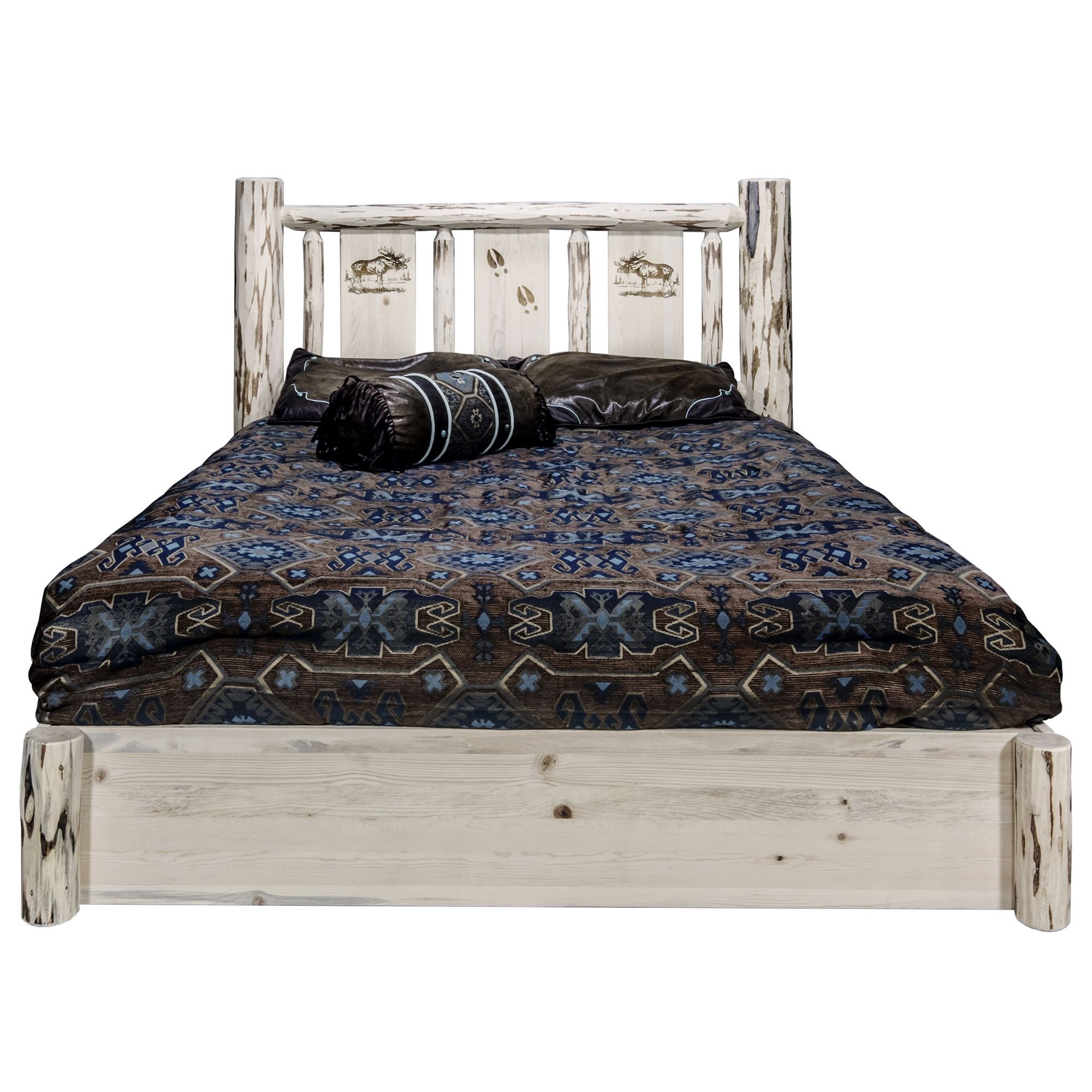 Montana Collection Platform Bed W/ Storage, King W/ Laser Engraved Moose Design, Clear Lacquer Finish