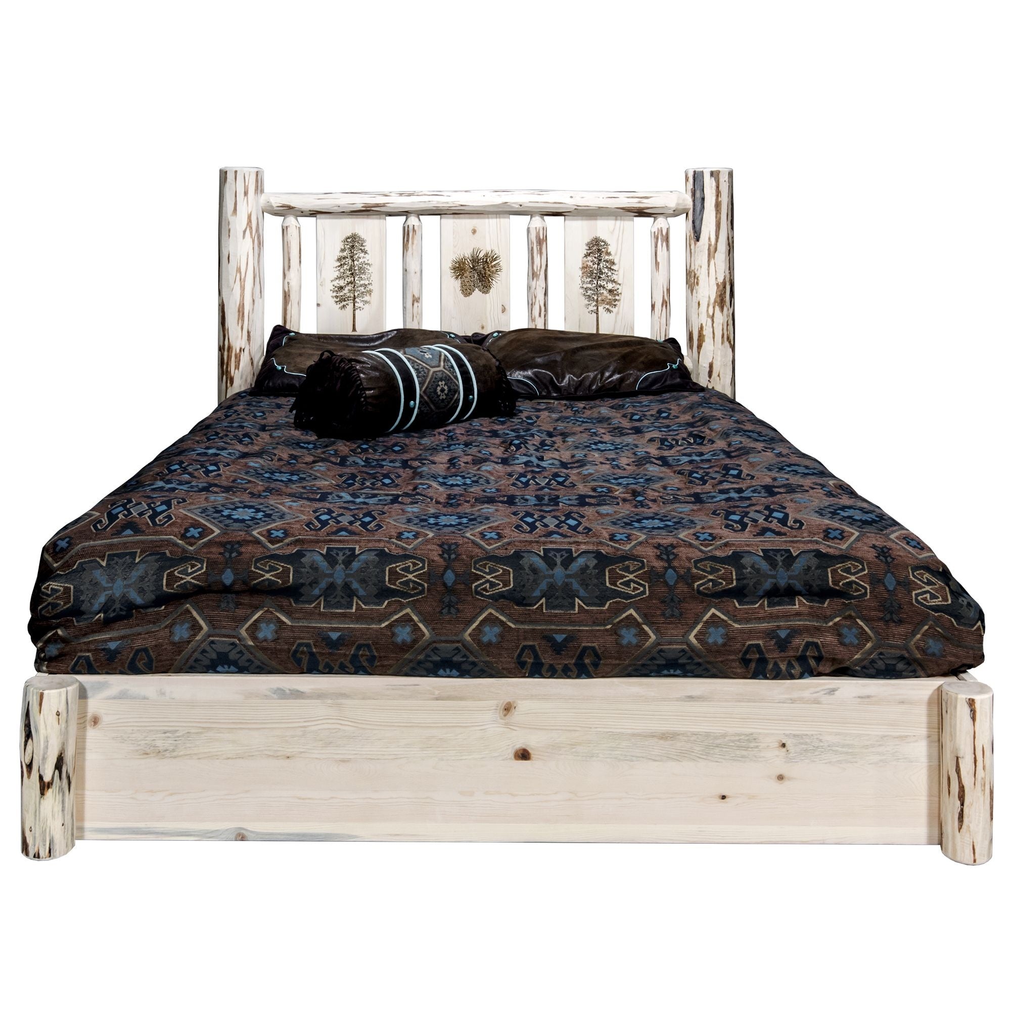 Montana Collection Platform Bed W/ Storage, King W/ Laser Engraved Pine Design, Clear Lacquer Finish