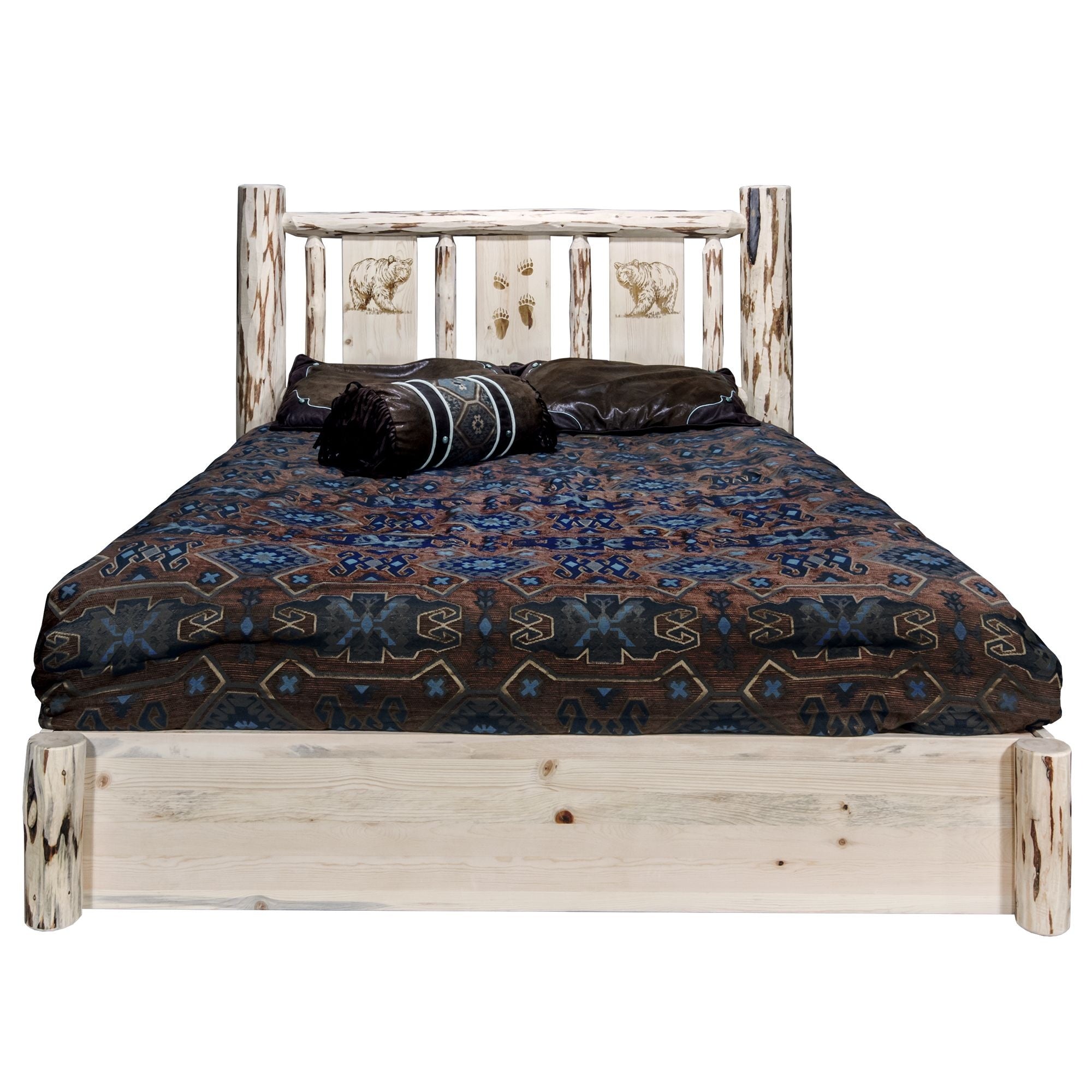 Montana Collection Platform Bed W/ Storage, Queen W/ Laser Engraved Bear Design, Clear Lacquer Finish