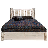 Montana Collection Platform Bed W/ Storage, Queen W/ Laser Engraved Bear Design, Clear Lacquer Finish