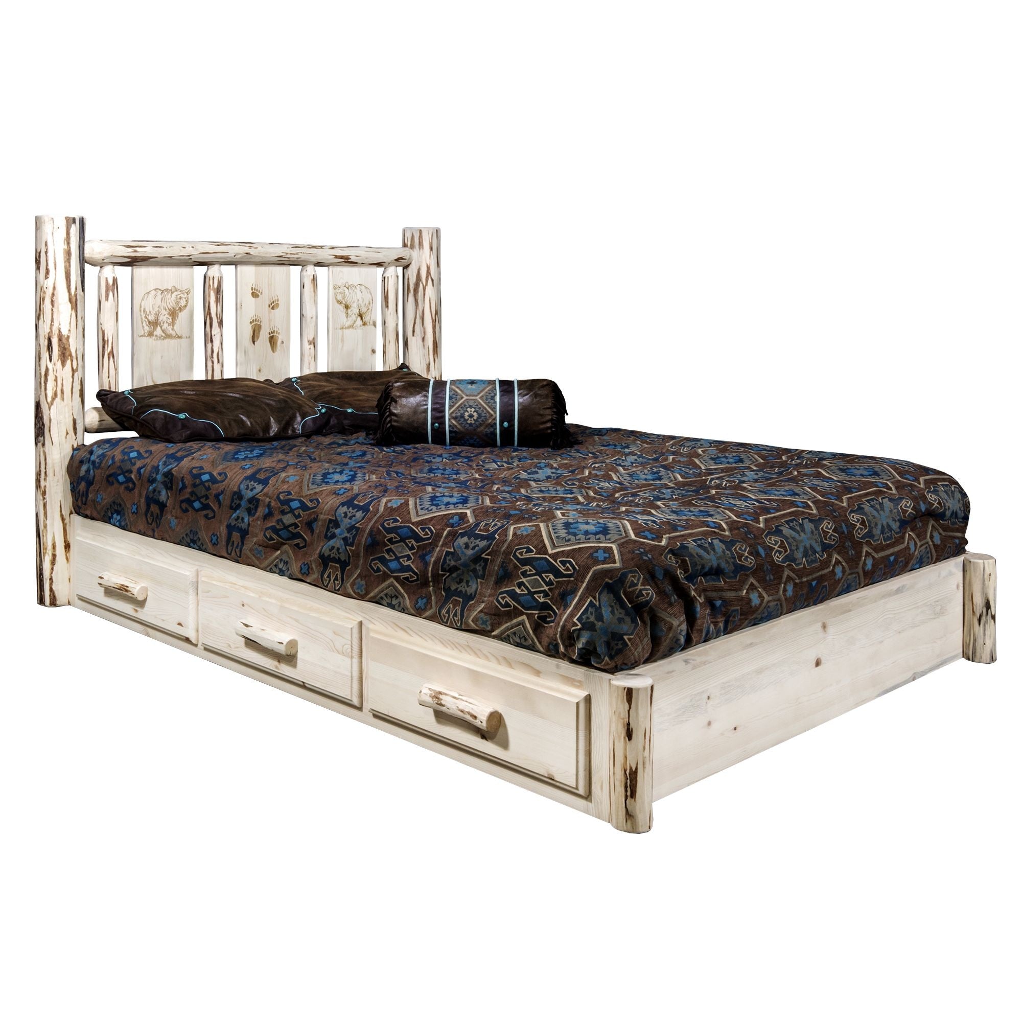 Montana Collection Platform Bed W/ Storage, Queen W/ Laser Engraved Bear Design, Clear Lacquer Finish