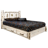 Montana Collection Platform Bed W/ Storage, Queen W/ Laser Engraved Pine Design, Clear Lacquer Finish