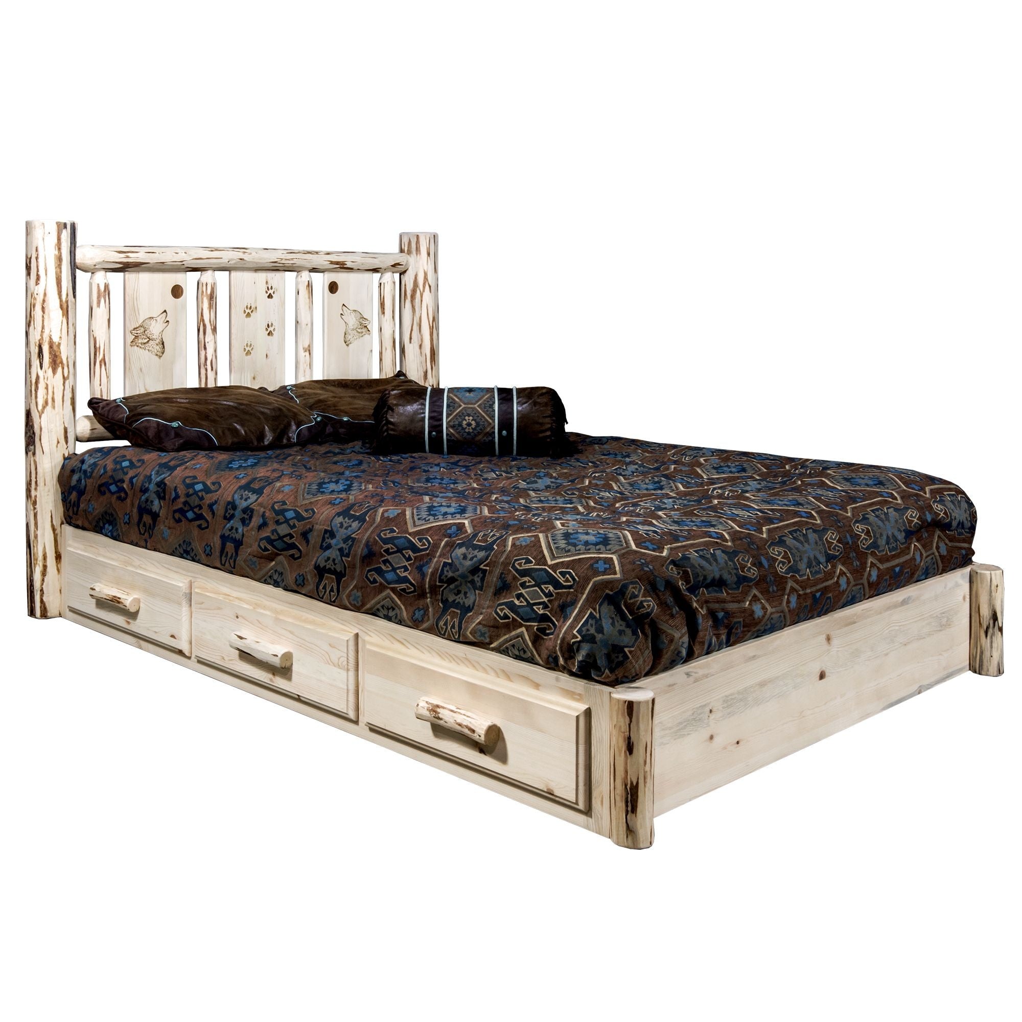 Montana Collection Platform Bed W/ Storage, Queen W/ Laser Engraved Wolf Design, Clear Lacquer Finish