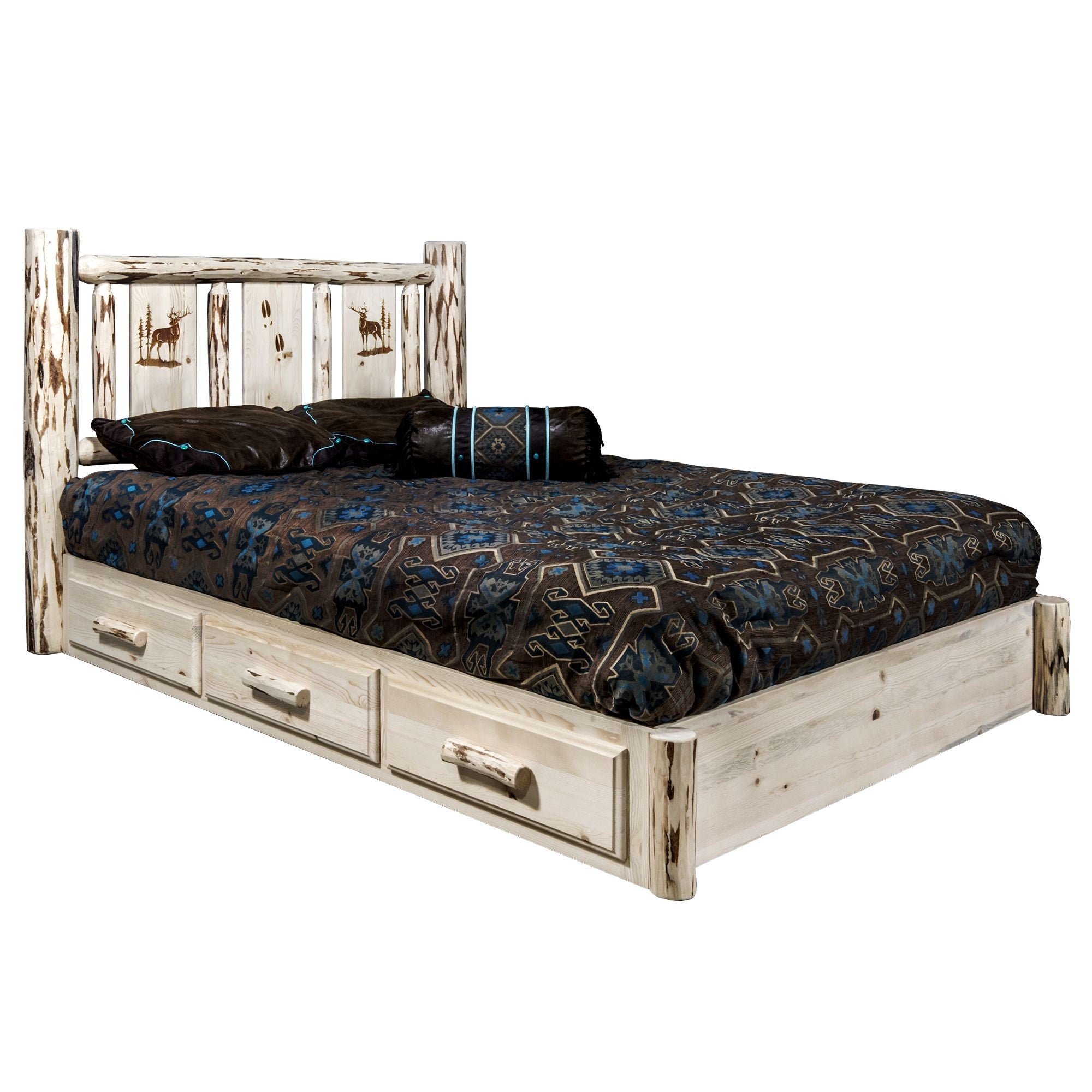 Montana Collection Platform Bed W/ Storage, Twin W/ Laser Engraved Elk Design, Clear Lacquer Finish