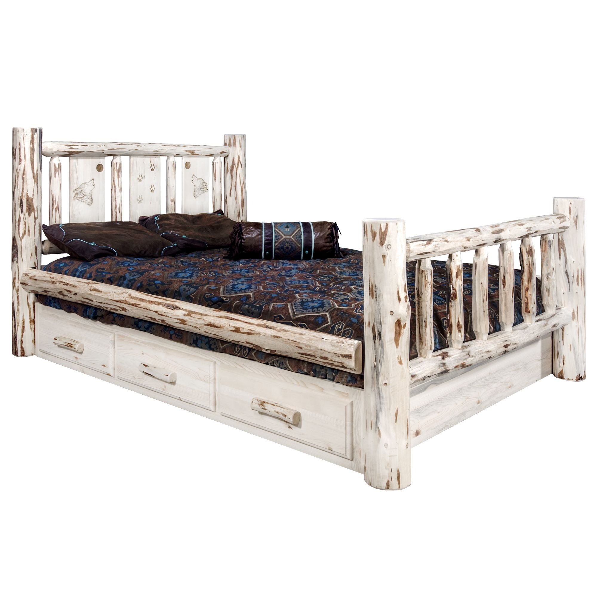 Montana Collection Queen Storage Bed W/ Laser Engraved Wolf Design, Ready To Finish