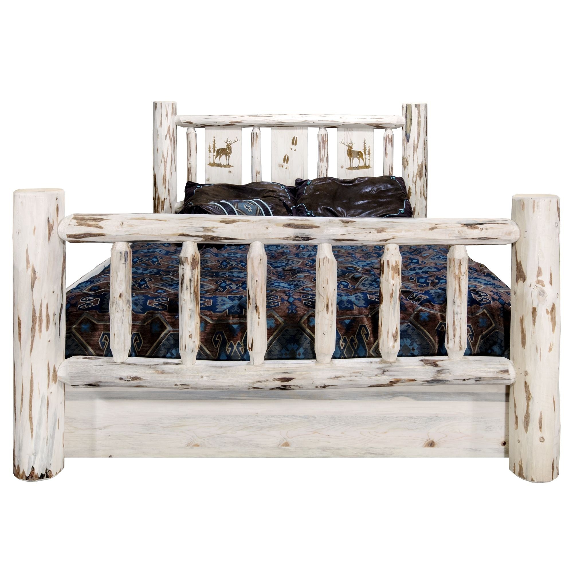 Montana Collection Queen Storage Bed W/ Laser Engraved Elk Design, Clear Lacquer Finish