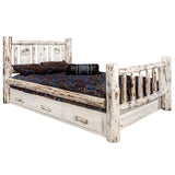 Montana Collection Queen Storage Bed W/ Laser Engraved Moose Design, Clear Lacquer Finish