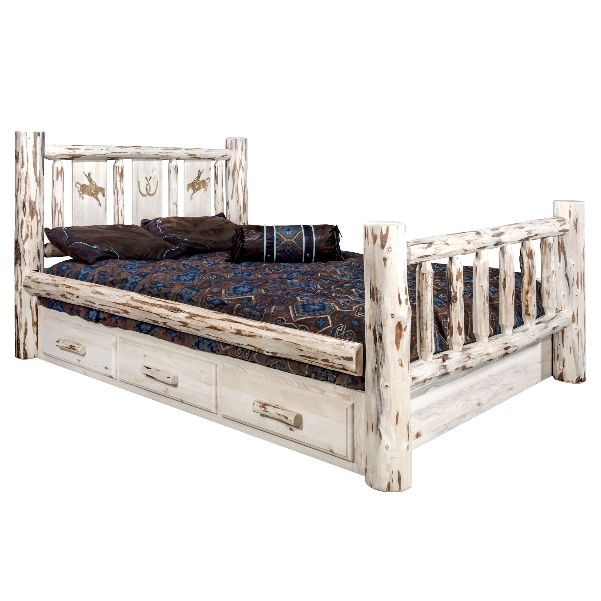 Montana Collection Twin Storage Bed W/ Laser Engraved Bronc Design, Clear Lacquer Finish