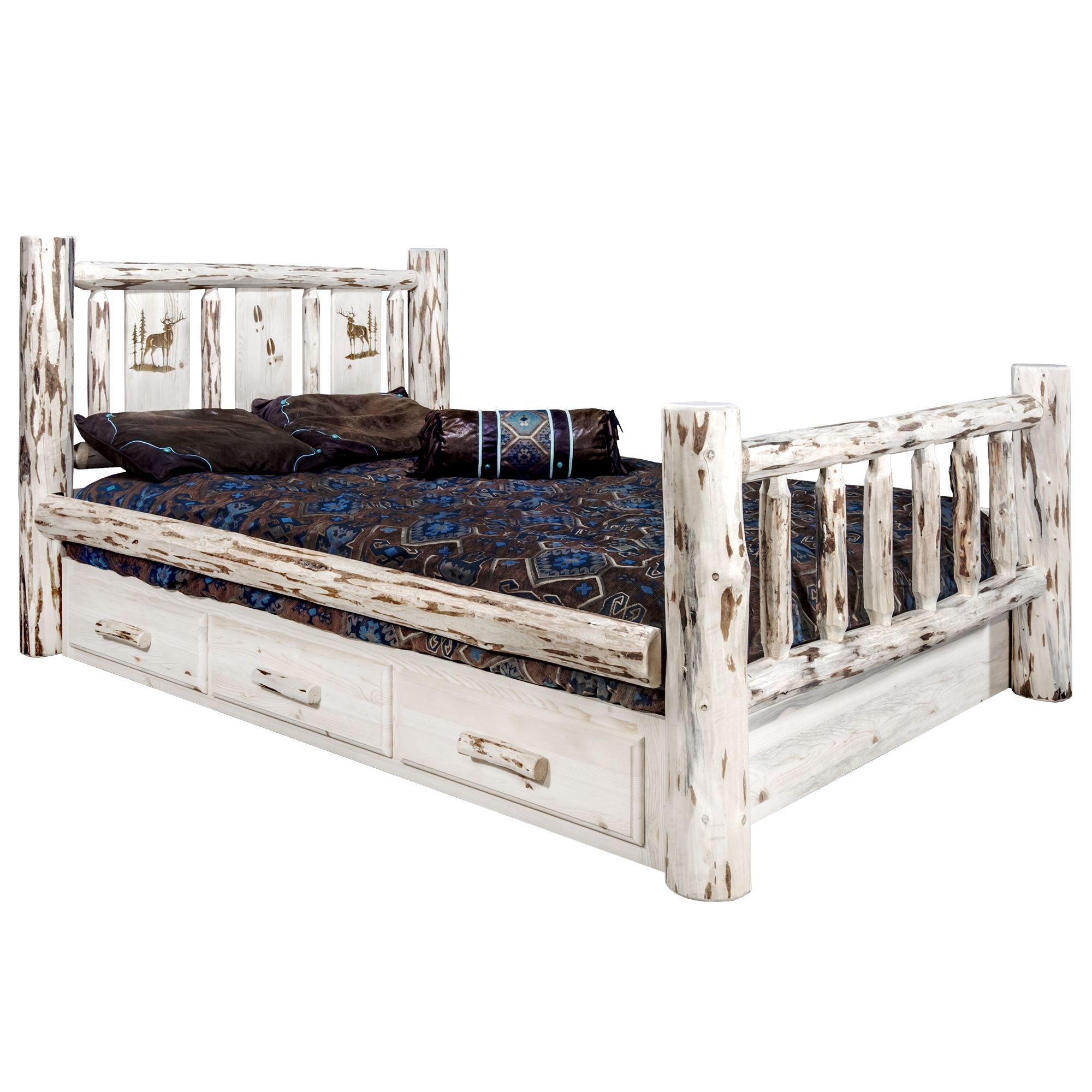 Montana Collection Twin Storage Bed W/ Laser Engraved Elk Design, Clear Lacquer Finish