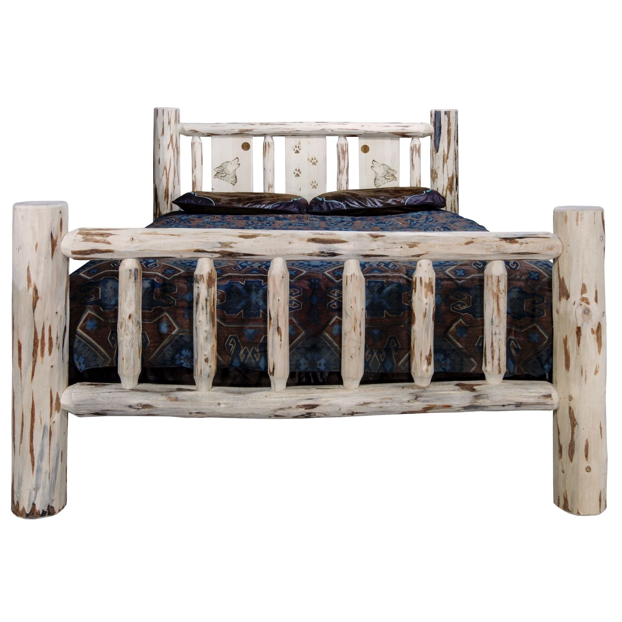 Montana Collection Twin Bed W/ Laser Engraved Wolf Design, Clear Lacquer Finish