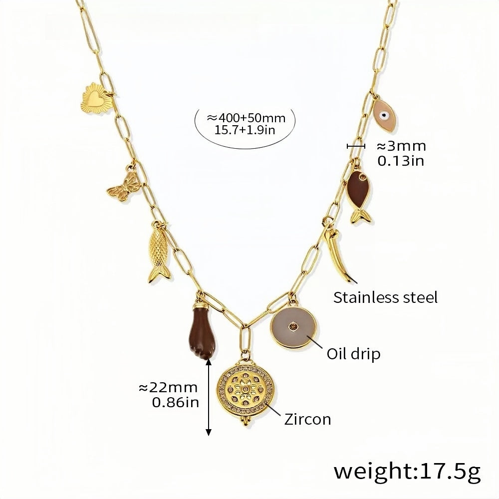 Boho Charm Necklace Gold Stainless Steel Chain with Oil Drip Accents & Zircon Multi-Charm Dangle Design Adjustable 15.7 + 1.9