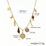 Boho Charm Necklace Gold Stainless Steel Chain with Oil Drip Accents & Zircon Multi-Charm Dangle Design Adjustable 15.7 + 1.9