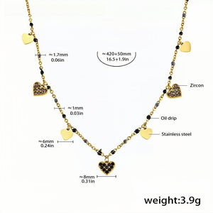 Gold Heart Charm Necklace with Black Zircon 18K Gold-Plated Stainless Steel, Elegant Dainty Jewelry 16.5''+1.9'', 3.9g