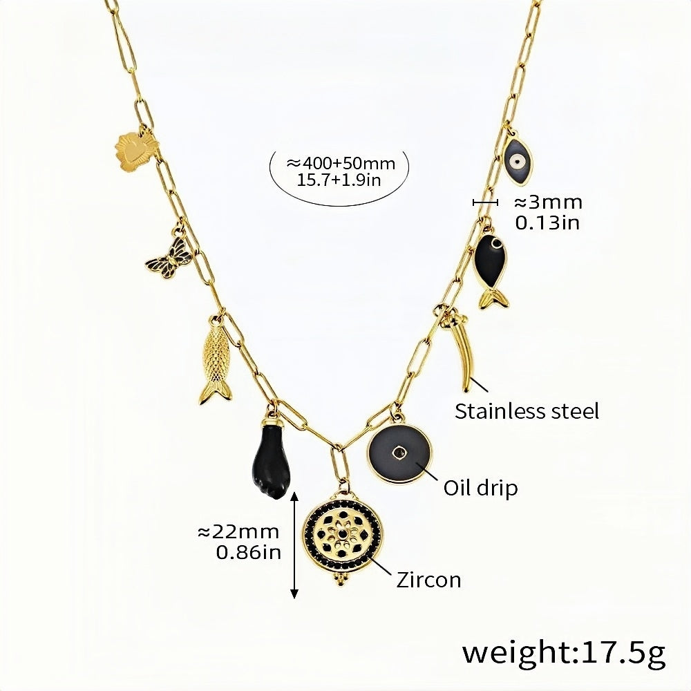Black Boho Charm Necklace Gold Stainless Steel Chain with Black Enamel & Zircon Accents Multi-Charm Statement Necklace 15.7 +