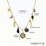 Black Boho Charm Necklace Gold Stainless Steel Chain with Black Enamel & Zircon Accents Multi-Charm Statement Necklace 15.7 +