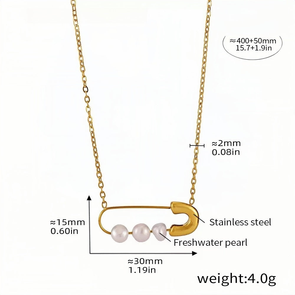 Gold Safety Pin Necklace with Freshwater Pearls  Stainless Steel Pendant Chain Dainty Statement Jewelry (15.7in + 1.9in) 4.0g