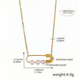 Gold Safety Pin Necklace with Freshwater Pearls  Stainless Steel Pendant Chain Dainty Statement Jewelry (15.7in + 1.9in) 4.0g