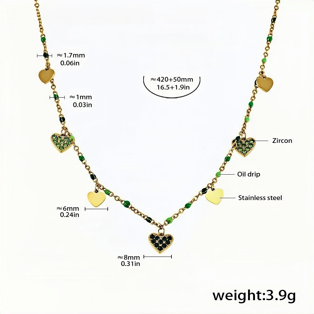 Gold Green Heart Charm Necklace 18K Gold-Plated Stainless Steel with Green Zircon 16.5''+1.9'', Elegant Dainty Jewelry, 3.9g
