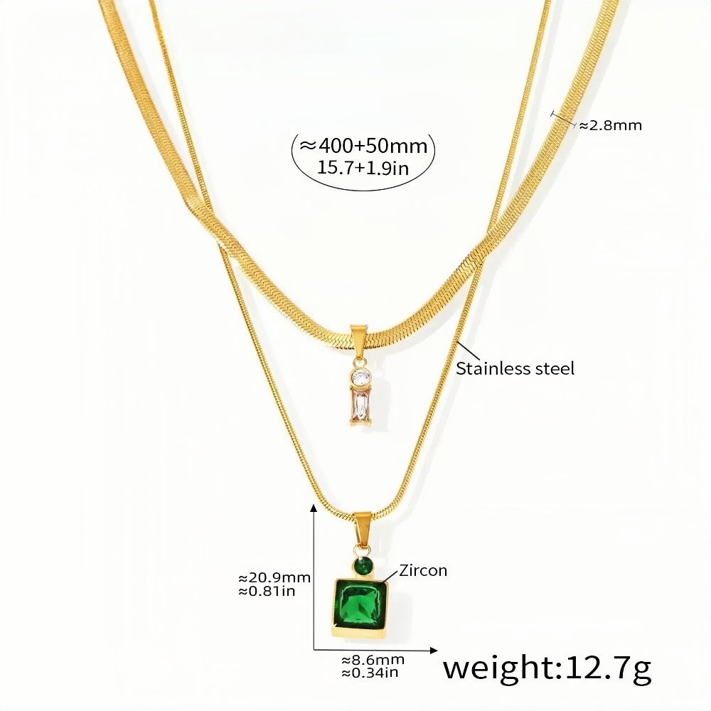 Layered Gold Chain Necklace with Green Zircon & Crystal Drop Pendant Stainless Steel Adjustable 15.7''+1.9'' Elegant Womens J