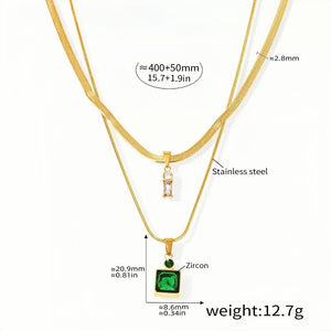 Layered Gold Chain Necklace with Green Zircon & Crystal Drop Pendant Stainless Steel Adjustable 15.7''+1.9'' Elegant Womens J