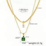 Layered Gold Chain Necklace with Green Zircon & Crystal Drop Pendant Stainless Steel Adjustable 15.7''+1.9'' Elegant Womens J