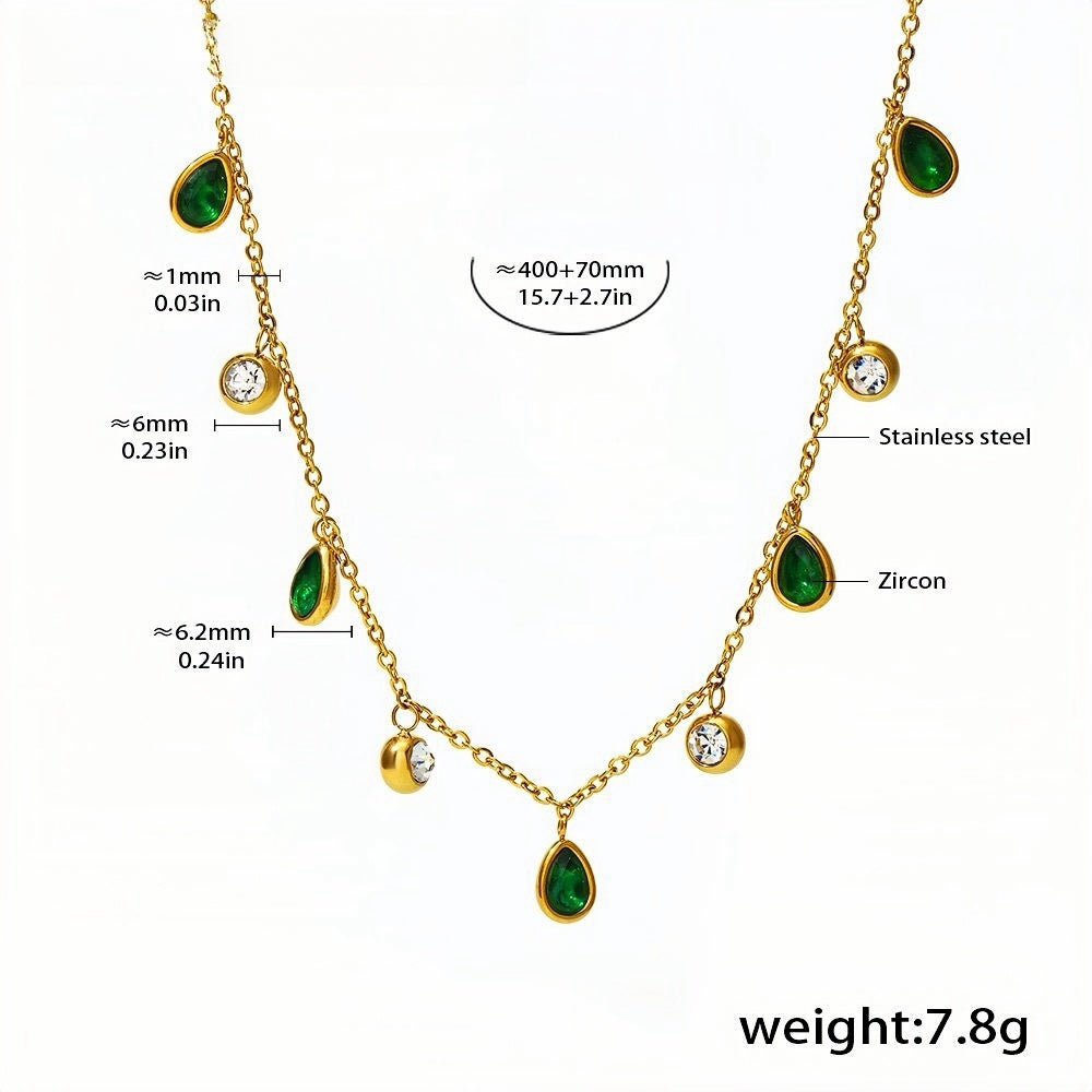 Gold Teardrop Zircon Necklace for Women Green & White Gem Dangle Charm 18K Gold-Plated Stainless Steel Chain 15.7''+2.7'' Adj