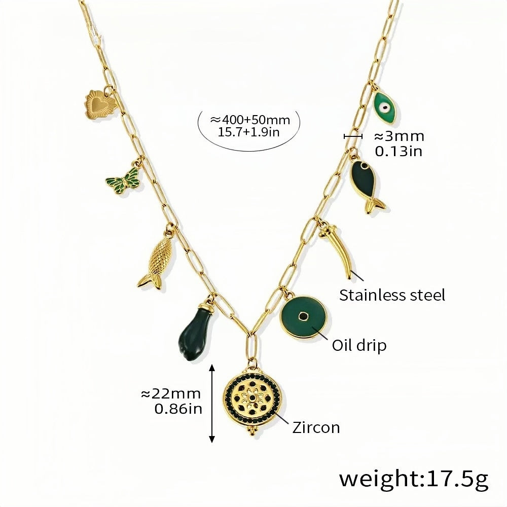Green Charm Necklace Gold Stainless Steel Chain with Green Enamel & Zircon Accents Bohemian Multi-Charm Pendant Necklace 15.7
