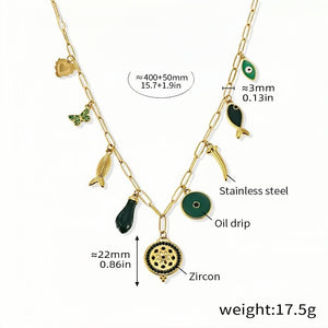 Green Charm Necklace Gold Stainless Steel Chain with Green Enamel & Zircon Accents Bohemian Multi-Charm Pendant Necklace 15.7