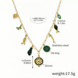 Green Charm Necklace Gold Stainless Steel Chain with Green Enamel & Zircon Accents Bohemian Multi-Charm Pendant Necklace 15.7