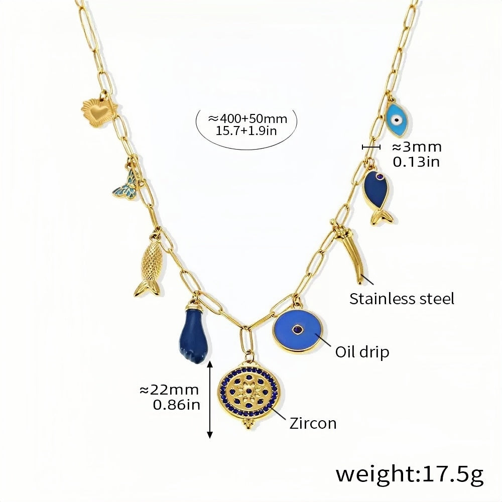 Blue Charm Necklace Gold Stainless Steel Chain with Enamel & Zircon Accents Evil Eye & Boho Pendants Adjustable 15.7 + 1.9 Le