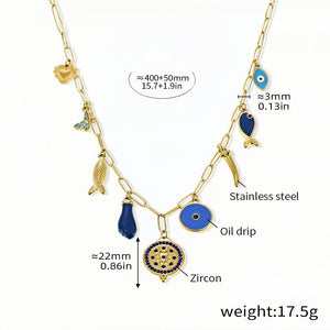 Blue Charm Necklace Gold Stainless Steel Chain with Enamel & Zircon Accents Evil Eye & Boho Pendants Adjustable 15.7 + 1.9 Le