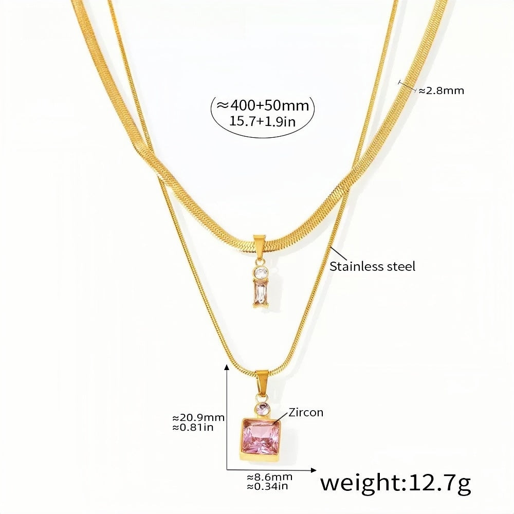 Layered Gold Necklace with Pink Zircon Pendant & Crystal Drop Stainless Steel Adjustable 15.7''+1.9'' Elegant Jewelry for Wom