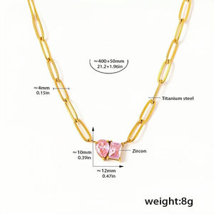 Gold Link Chain Pink Zircon Pendant Necklace for Women Heart & Square Charm 18K Gold Plated Titanium Steel Adjustable 21.2 + 