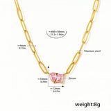 Gold Link Chain Pink Zircon Pendant Necklace for Women Heart & Square Charm 18K Gold Plated Titanium Steel Adjustable 21.2 + 