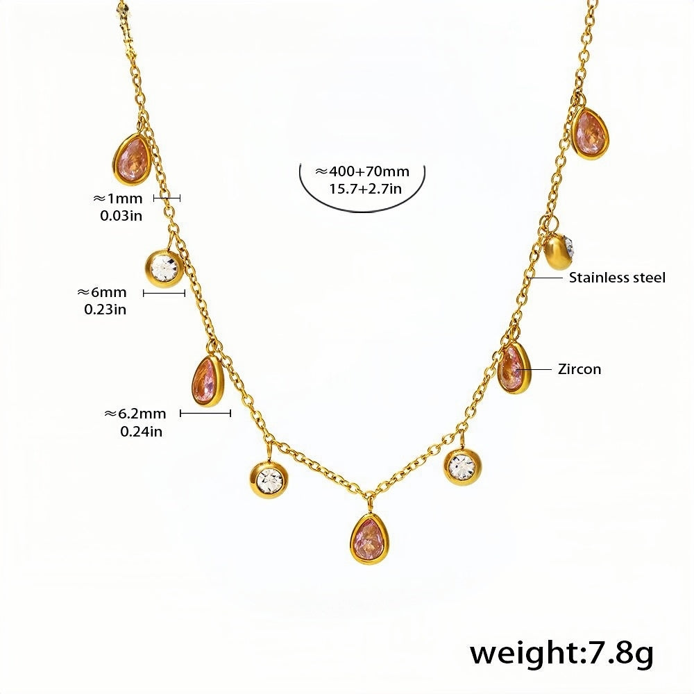 Gold Pink Zircon Teardrop Necklace for Women Dainty Dangle Charm Chain 18K Gold-Plated Stainless Steel 15.7 + 2.7 Adjustable 