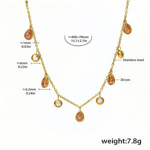 Gold Pink Zircon Teardrop Necklace for Women Dainty Dangle Charm Chain 18K Gold-Plated Stainless Steel 15.7 + 2.7 Adjustable 