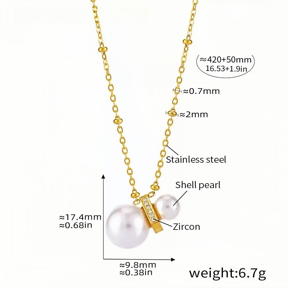 Gold Chain Necklace with Shell Pearls & Zircon Accents 16.5''+1.9'' Adjustable Stainless Steel Elegant Gift for Women