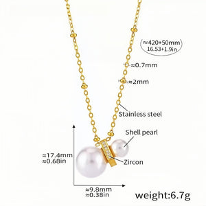 Gold Chain Necklace with Shell Pearls & Zircon Accents 16.5''+1.9'' Adjustable Stainless Steel Elegant Gift for Women