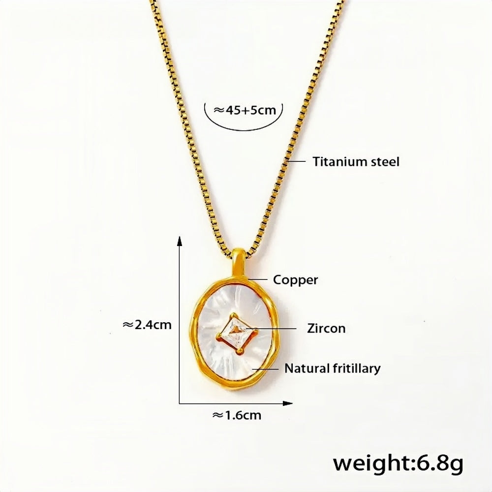Gold Oval Pendant Necklace Natural Fritillary & Zircon Inlay 18K Gold Plated Copper Frame Titanium Steel Chain Adjustable (4