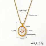 Gold Oval Pendant Necklace Natural Fritillary & Zircon Inlay 18K Gold Plated Copper Frame Titanium Steel Chain Adjustable (4