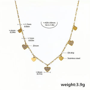 Dainty Heart Charm Necklace Gold Plated Stainless Steel with Zircon Accents Adjustable 16.5''+1.9'' Womens Layering Jewelry (