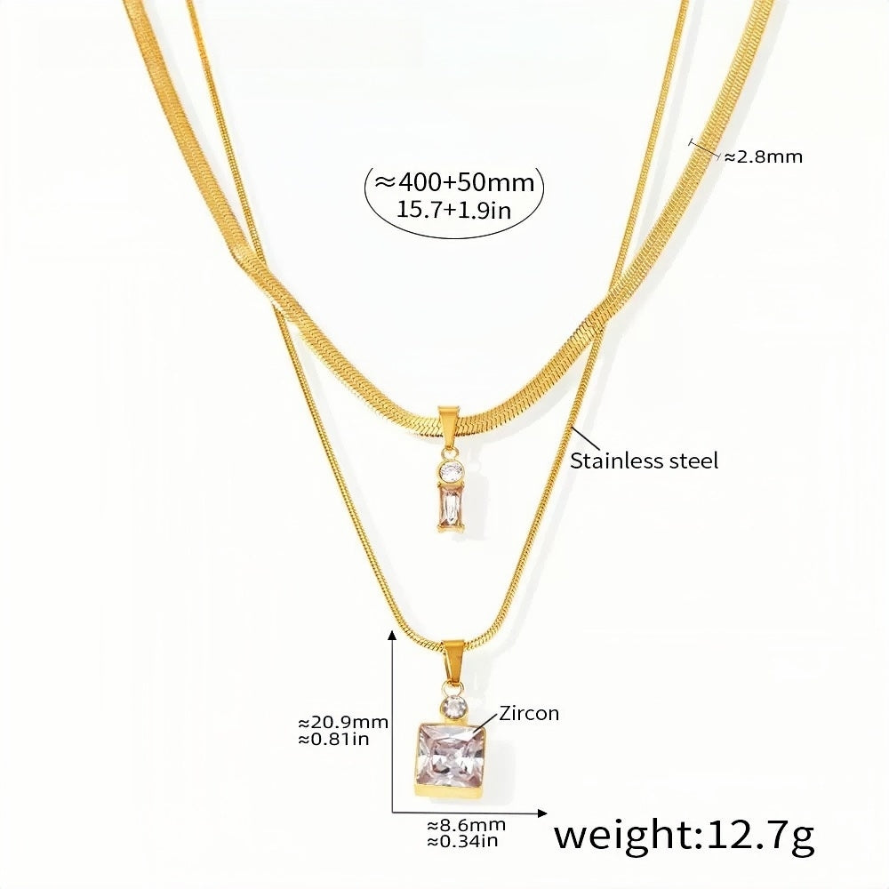 Layered Gold Necklace with Clear Zircon Pendant & Crystal Drop Stainless Steel Adjustable 15.7''+1.9'' Chic Jewelry for Women