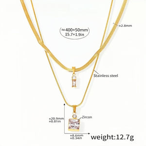 Layered Gold Necklace with Clear Zircon Pendant & Crystal Drop Stainless Steel Adjustable 15.7''+1.9'' Chic Jewelry for Women