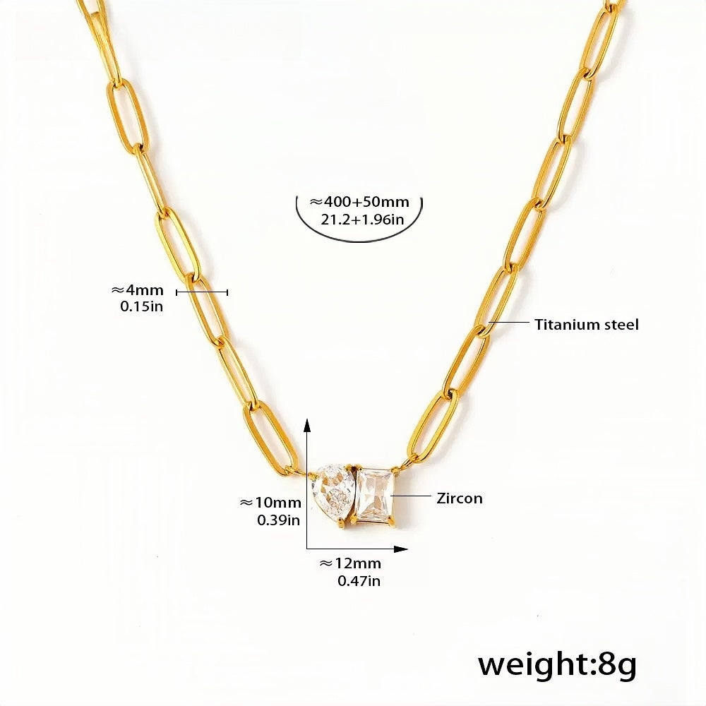 Gold Link Chain Necklace with Clear Zircon Heart & Square Charm 18K Gold Plated Titanium Steel Adjustable 21.2 + 1.96 Elegant