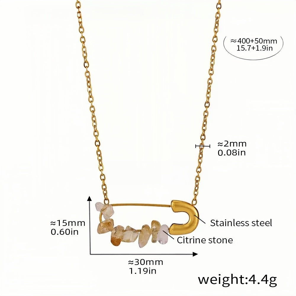 Gold Safety Pin Necklace  Crystal Pendant in Amethyst, Pearl, or Citrine Stainless Steel Chain Adjustable (15.7in + 1.9in)